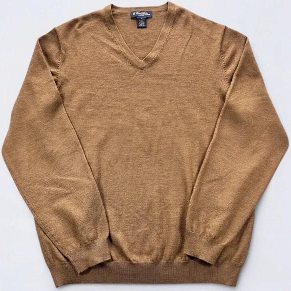 Brooks Brothers Sweater Men's XL Brown V-Neck Merino Wool Blend Stretch Preppy